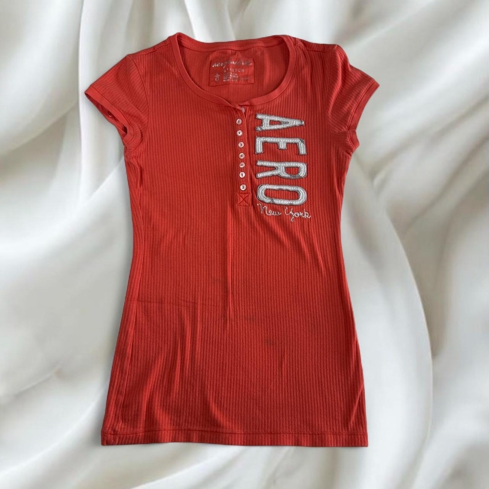 Y2K vintage orange Aeropostale embroidered logo henley short sleeve top mcbling